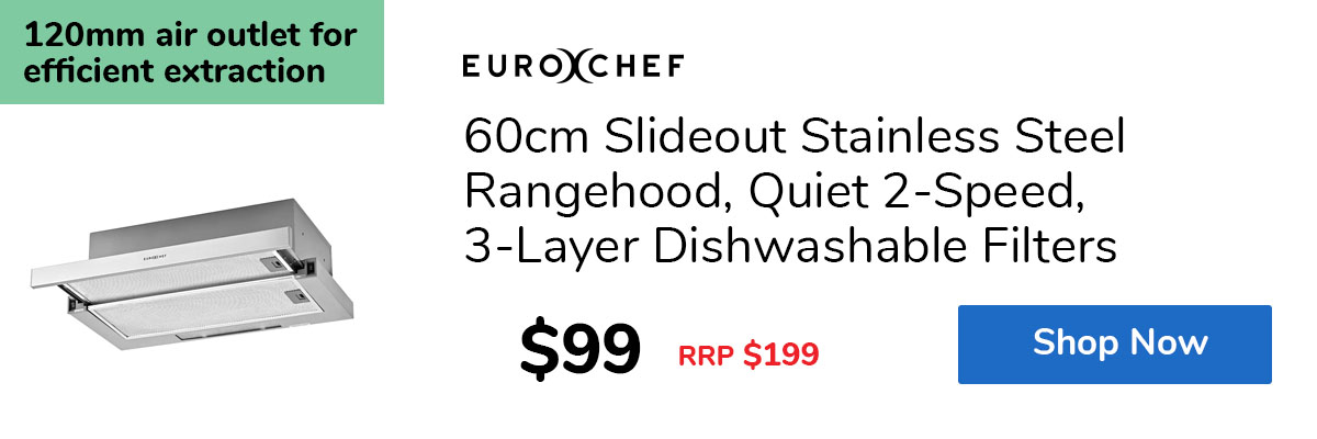 60cm Slideout Stainless Steel Rangehood, Quiet 2-Speed, 3-Layer Dishwashable Filters