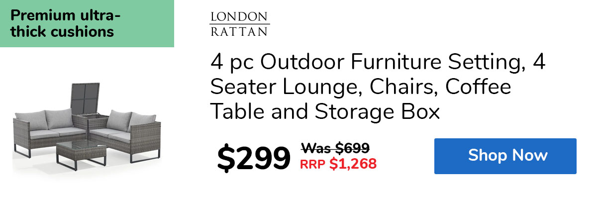 4 pc Outdoor Furniture Setting, 4 Seater Lounge, Chairs, Coffee Table and Storage Box