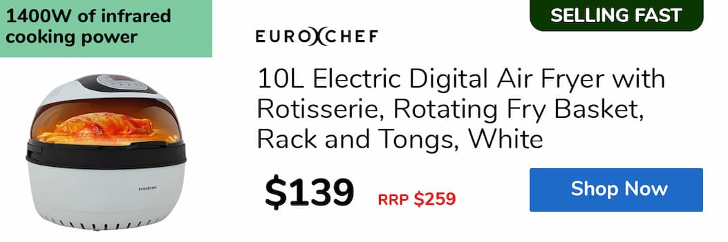 10L Electric Digital Air Fryer with Rotisserie, Rotating Fry Basket, Rack and Tongs, White