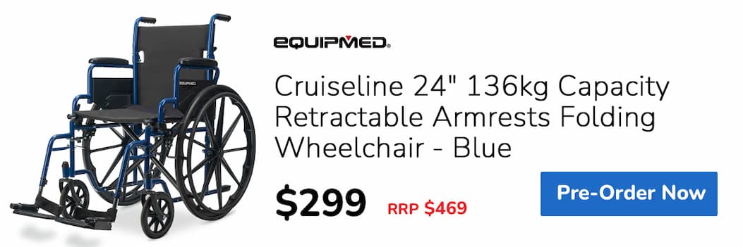 PRE-ORDER EQUIPMED Cruiseline 24" 136kg Capacity Retractable Armrests Folding Wheelchair - Blue