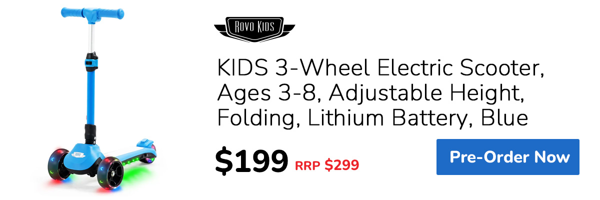PRE-ORDER ROVO KIDS 3-Wheel Electric Scooter, Ages 3-8, Adjustable Height, Folding, Lithium Battery, Blue