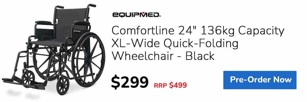 PRE-ORDER EQUIPMED Comfortline 24" 136kg Capacity XL-Wide Quick-Folding Wheelchair - Black