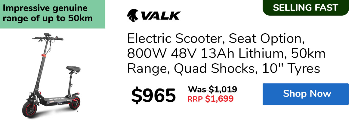Electric Scooter, Seat Option, 800W 48V 13Ah Lithium, 50km Range, Quad Shocks, 10" Tyres