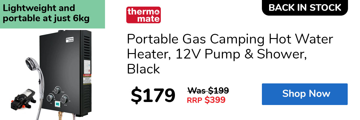 Portable Gas Camping Hot Water Heater, 12V Pump & Shower, Black
