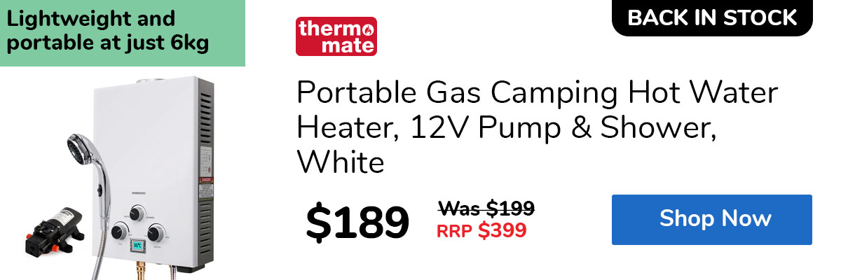 Portable Gas Camping Hot Water Heater, 12V Pump & Shower, White