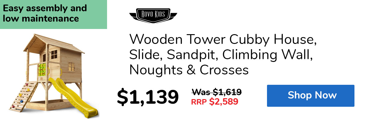 Wooden Tower Cubby House, Slide, Sandpit, Climbing Wall, Noughts & Crosses