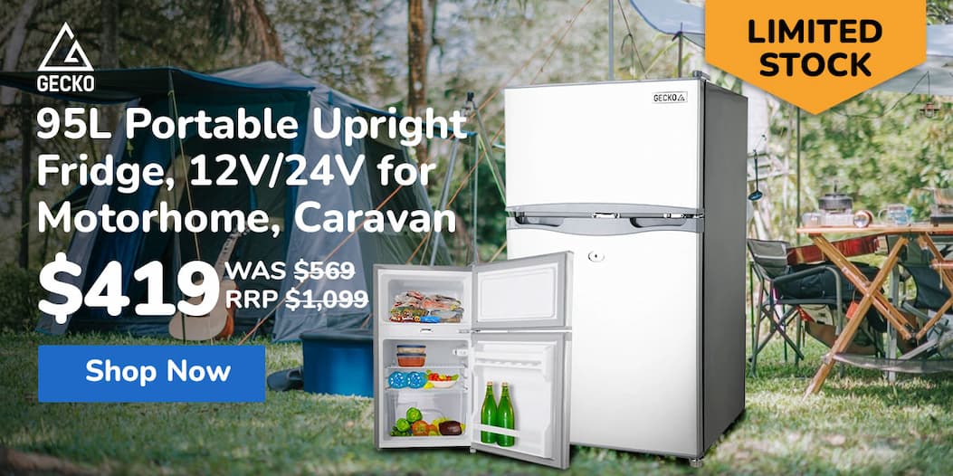 GECKO 95L Portable Upright Fridge, 12V/24V for Motorhome, Caravan, Silver