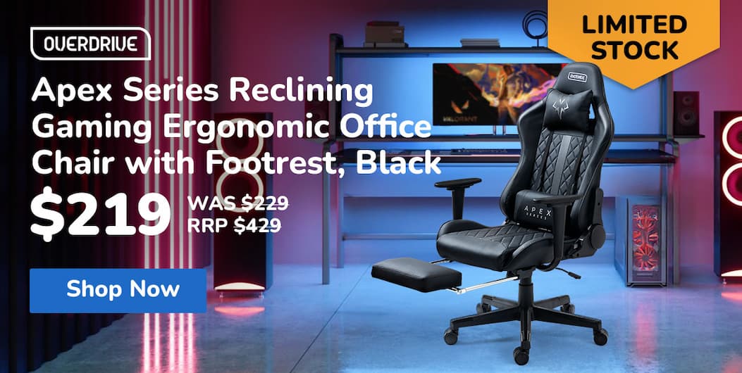 OVERDRIVE Apex Series Reclining Gaming Ergonomic Office Chair with Footrest, Black