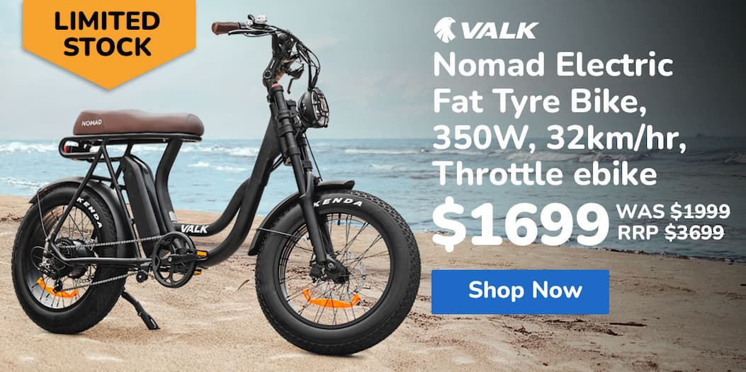 VALK Nomad Electric Fat Tyre Bike, 350W, 32km/hr, Throttle ebike, Disc Brakes, Step-Through Alloy, Shimano 7 spd, 20x4" Kenda Tyres, Suspension, Black
