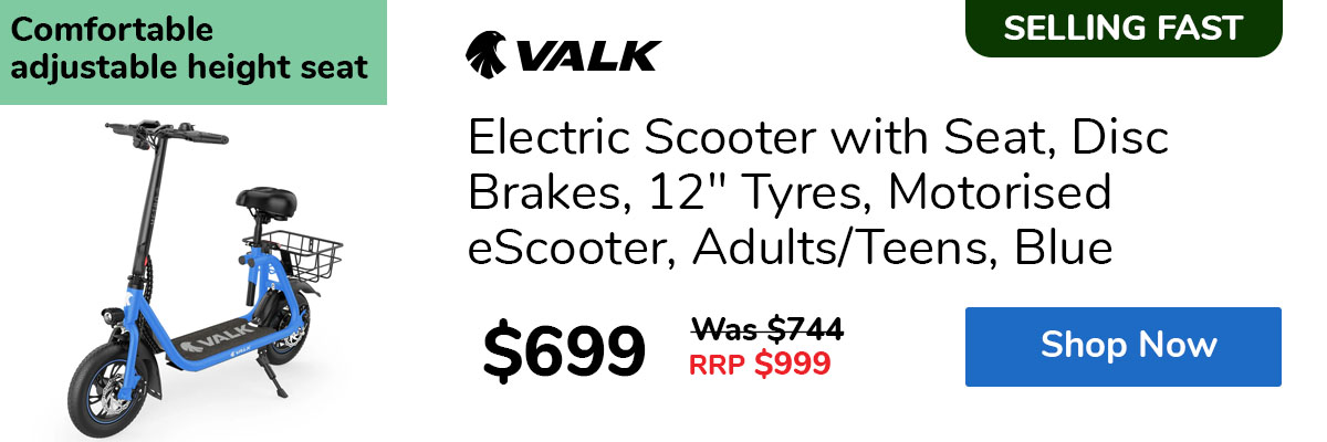 Electric Scooter with Seat, Disc Brakes, 12" Tyres, Motorised eScooter, Adults/Teens, Blue