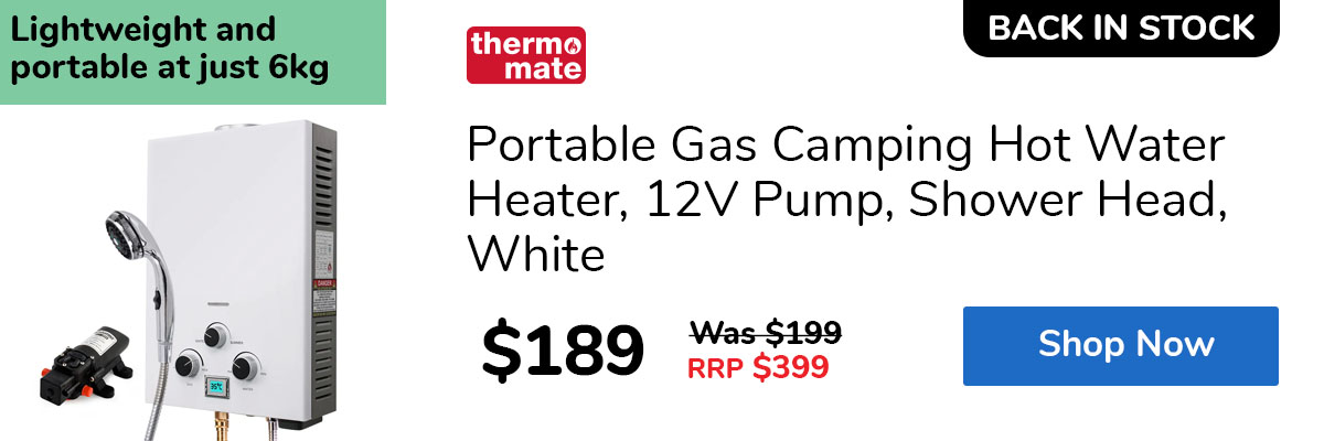 Portable Gas Camping Hot Water Heater, 12V Pump, Shower Head, White