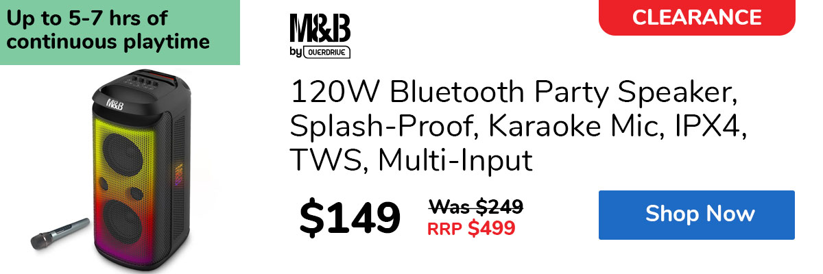 120W Bluetooth Party Speaker, Splash-Proof, Karaoke Mic, IPX4, TWS, Multi-Input