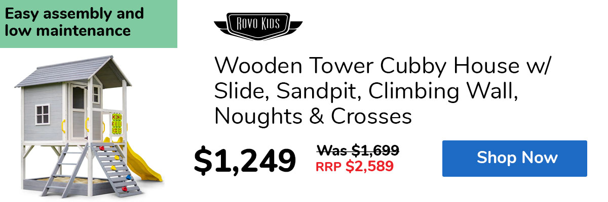 Wooden Tower Cubby House w/ Slide, Sandpit, Climbing Wall, Noughts & Crosses