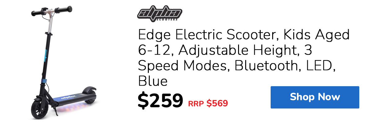 ALPHA Edge Electric Scooter, Kids Aged 6-12, Adjustable Height, 3 Speed Modes, Bluetooth, LED, Blue