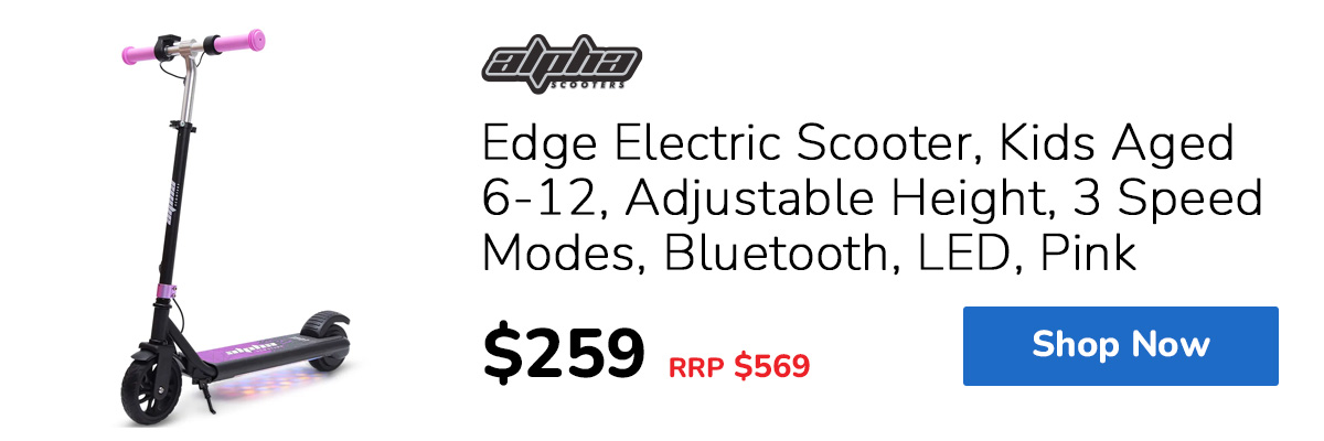 ALPHA Edge Electric Scooter, Kids Aged 6-12, Adjustable Height, 3 Speed Modes, Bluetooth, LED, Pink