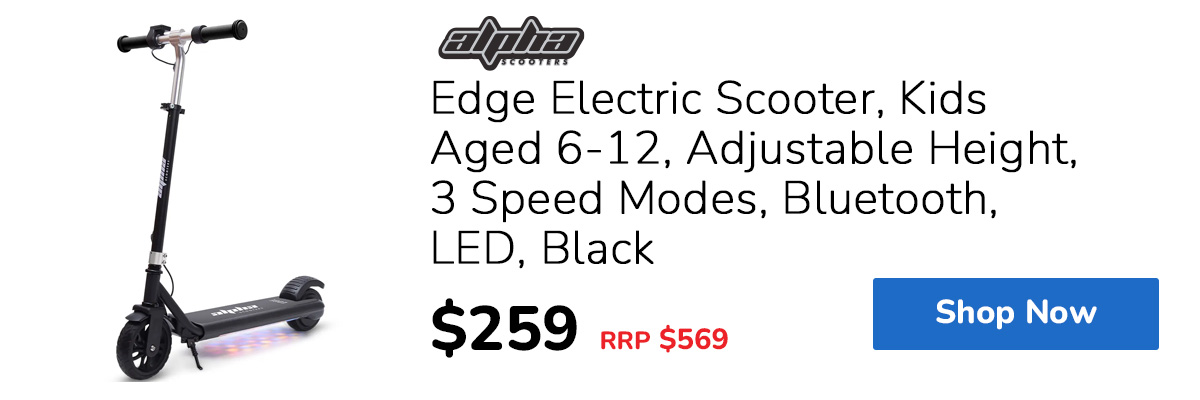 ALPHA Edge Electric Scooter, Kids Aged 6-12, Adjustable Height, 3 Speed Modes, Bluetooth, LED, Black