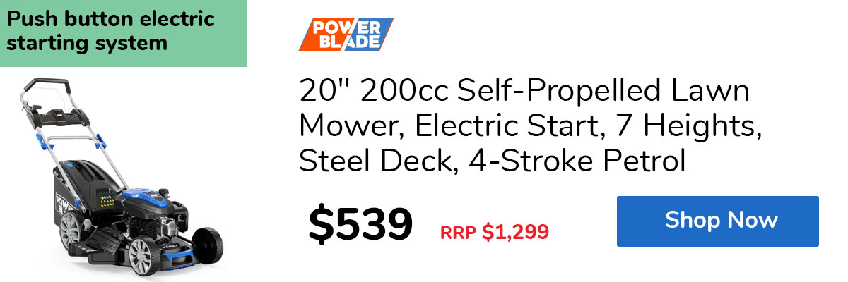 20" 200cc Self-Propelled Lawn Mower, Electric Start, 7 Heights, Steel Deck, 4-Stroke Petrol