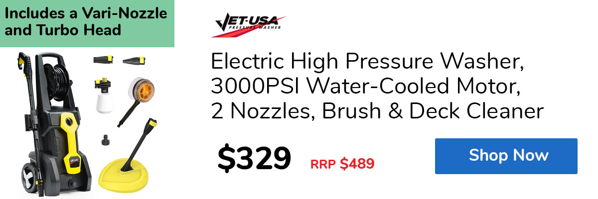 Electric High Pressure Washer, 3000PSI Water-Cooled Motor, 2 Nozzles, Brush & Deck Cleaner