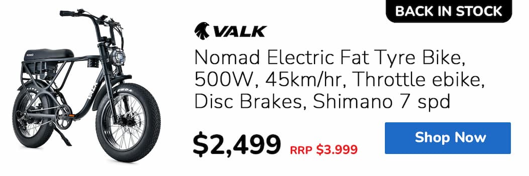 VALK Nomad Electric Fat Tyre Bike, 500W, 45km/hr, Throttle ebike, Disc Brakes, Shimano 7 spd, 20x4" Kenda Tyres, Suspension, Black