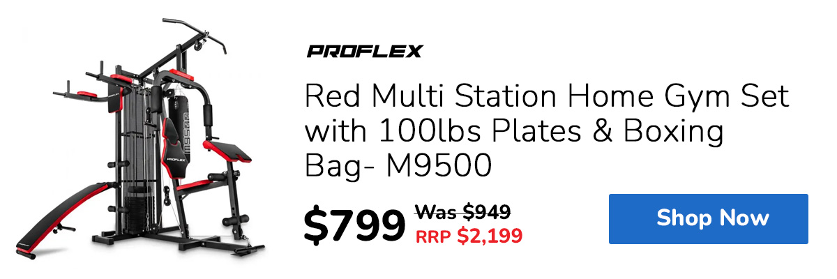 Proflex Red Multi Station Home Gym Set with 100lbs Plates & Boxing Bag- M9500