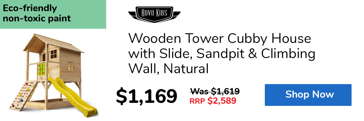 Wooden Tower Cubby House with Slide, Sandpit & Climbing Wall, Natural