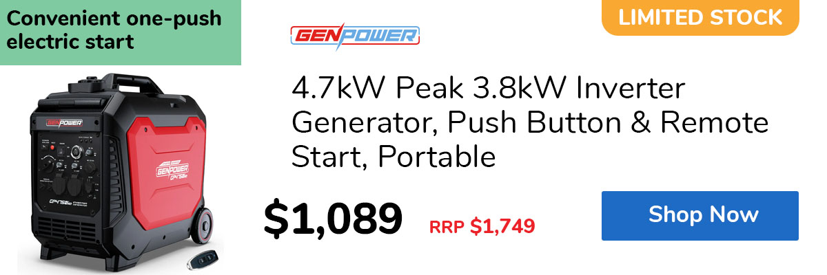 4.7kW Peak 3.8kW Inverter Generator, Push Button & Remote Start, Portable