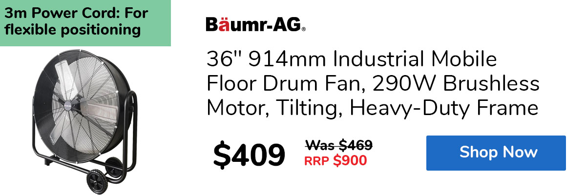 36" 914mm Industrial Mobile Floor Drum Fan, 290W Brushless Motor, Tilting, Heavy-Duty Frame