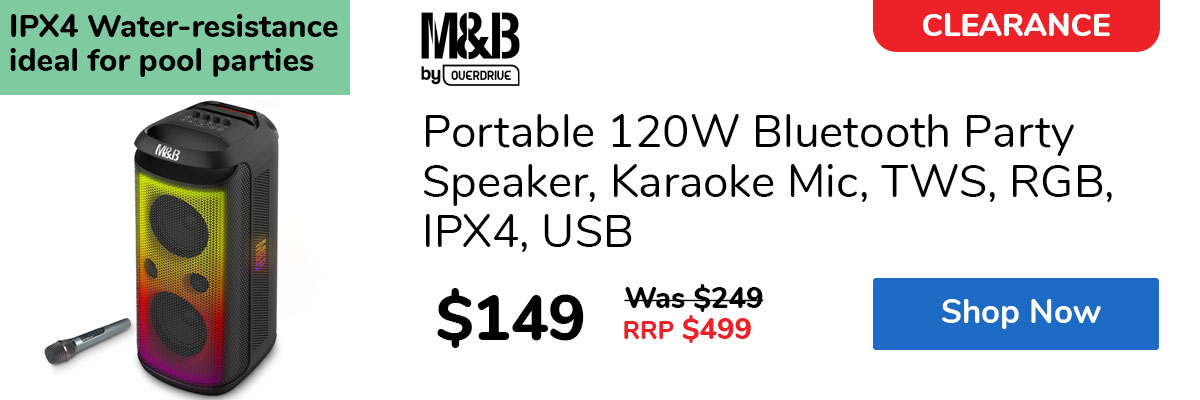 Portable 120W Bluetooth Party Speaker, Karaoke Mic, TWS, RGB, IPX4, USB