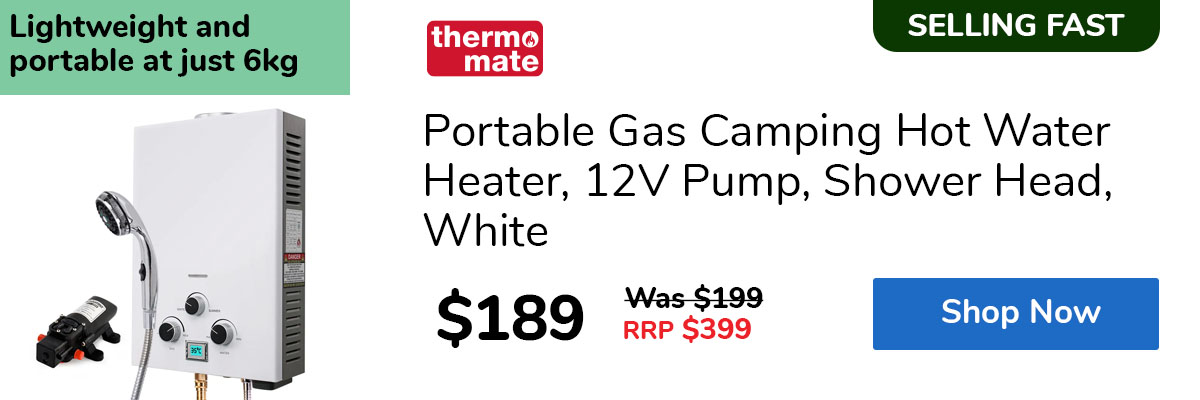 Portable Gas Camping Hot Water Heater, 12V Pump, Shower Head, White