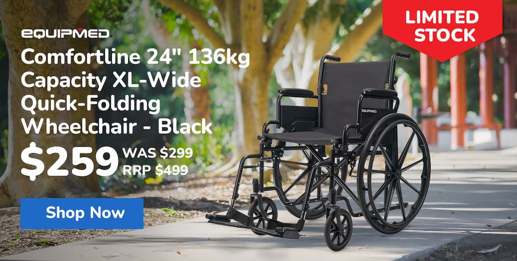 EQUIPMED Comfortline 24" 136kg Capacity XL-Wide Quick-Folding Wheelchair - Black