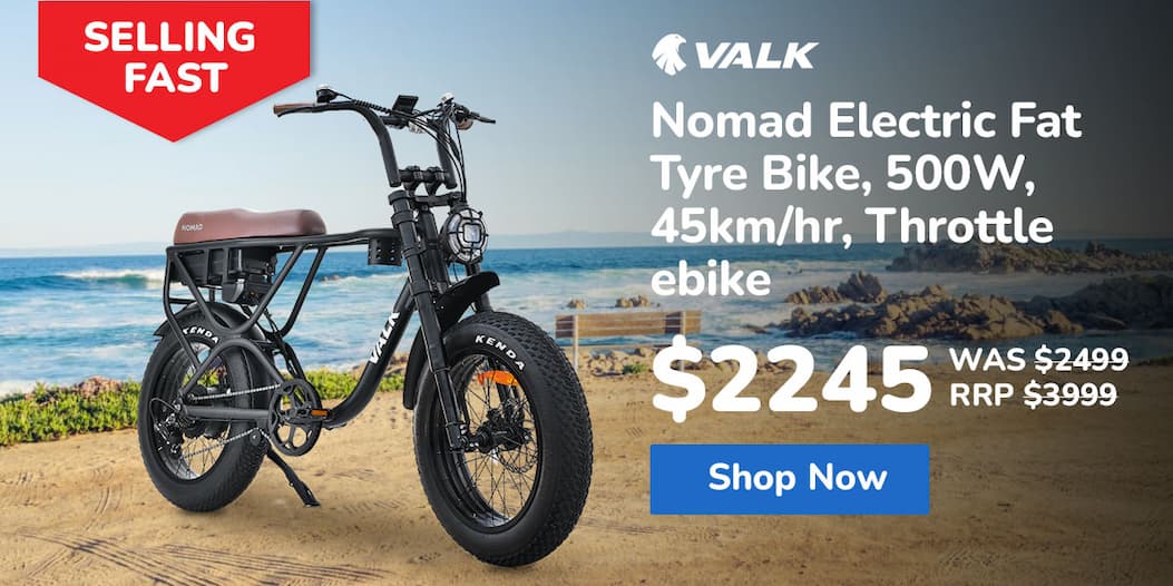 VALK Nomad Electric Fat Tyre Bike, 500W, 45km/hr, Throttle ebike, 20x4" Kenda Tyres, Shimano 7 spd, Suspension, Black