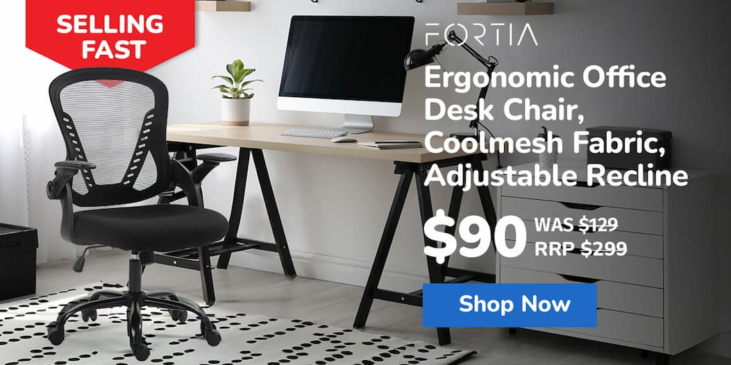 FORTIA Ergonomic Office Desk Chair, Coolmesh Fabric, Adjustable Recline, Black Mesh/Black Frame