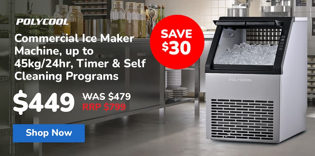 POLYCOOL Commercial Ice Maker Machine, up to 45kg/24hr, Timer & Self Cleaning Programs