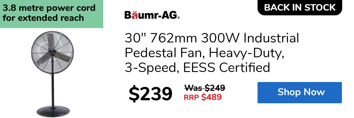 30" 762mm 300W Industrial Pedestal Fan, Heavy-Duty, 3-Speed, EESS Certified