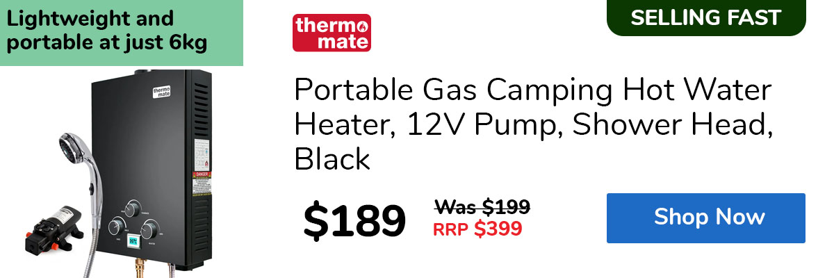 Portable Gas Camping Hot Water Heater, 12V Pump, Shower Head, Black