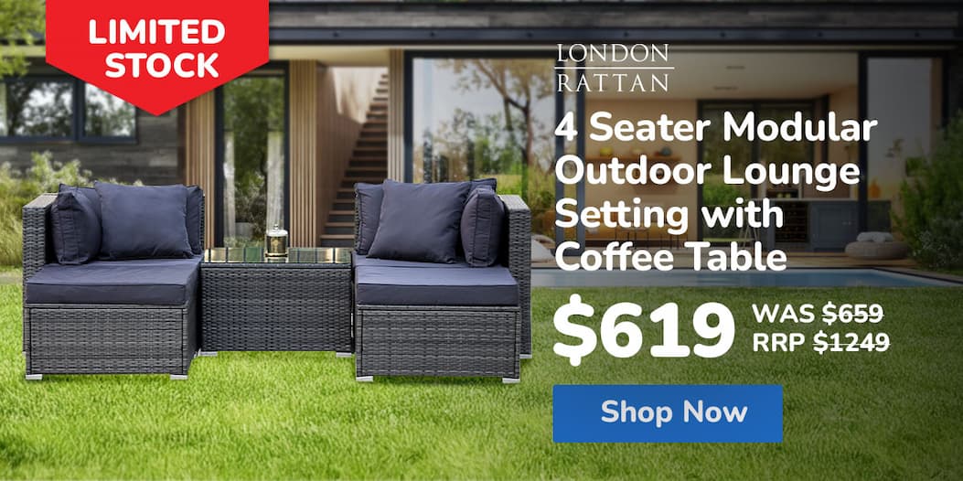 LONDON RATTAN 4 Seater Modular Outdoor Lounge Setting with Coffee Table, Ottomans, Grey