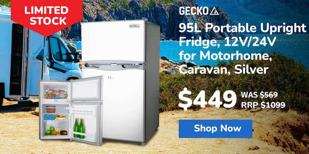 GECKO 95L Portable Upright Fridge, 12V/24V for Motorhome, Caravan, Silver