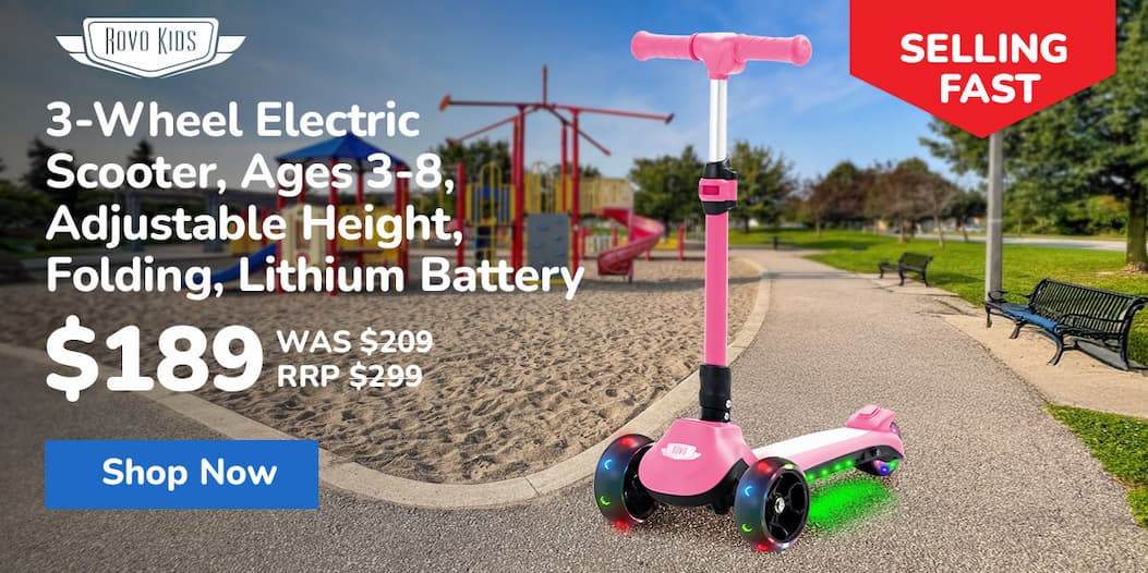 ROVO KIDS 3-Wheel Electric Scooter, Ages 3-8, Adjustable Height, Folding, Lithium Battery, Pink