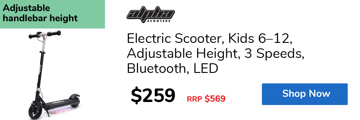 Electric Scooter, Kids 6–12, Adjustable Height, 3 Speeds, Bluetooth, LED