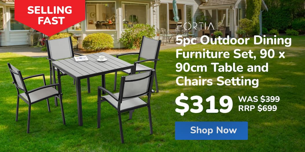 FORTIA 5pc Outdoor Dining Furniture Set, 90 x 90cm Table and Chairs Setting for Outside