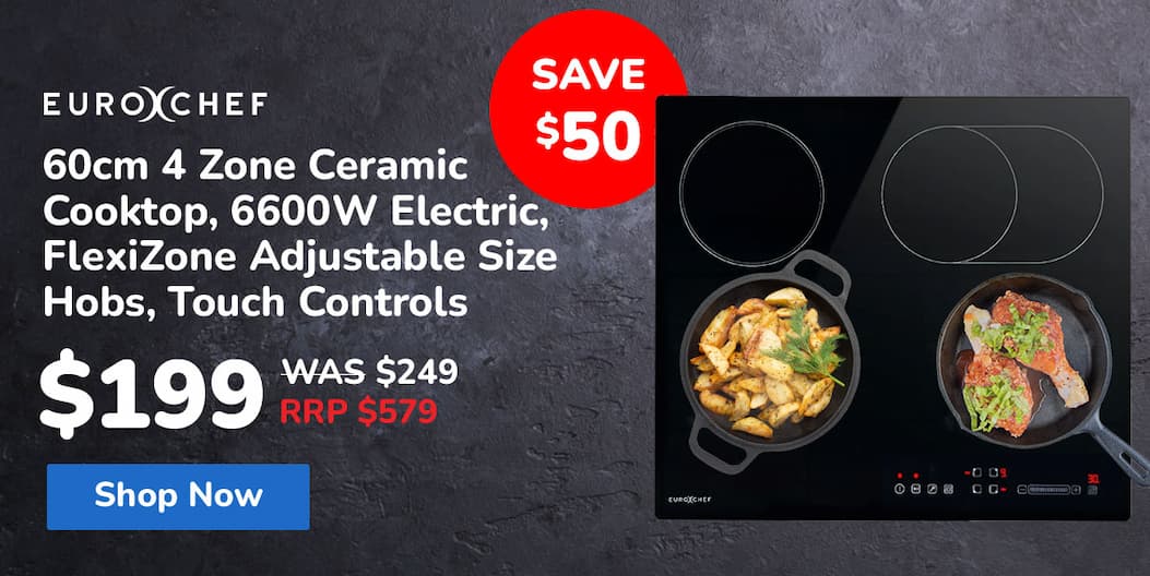 EUROCHEF 60cm 4 Zone Ceramic Cooktop, 6600W Electric, FlexiZone Adjustable Size Hobs, Touch Controls