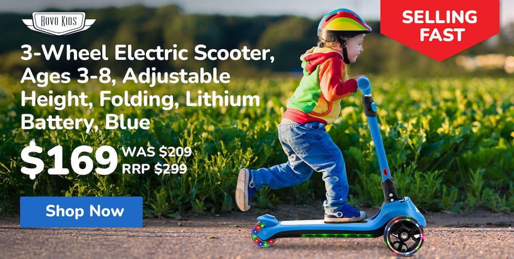 ROVO KIDS 3-Wheel Electric Scooter, Ages 3-8, Adjustable Height, Folding, Lithium Battery, Blue