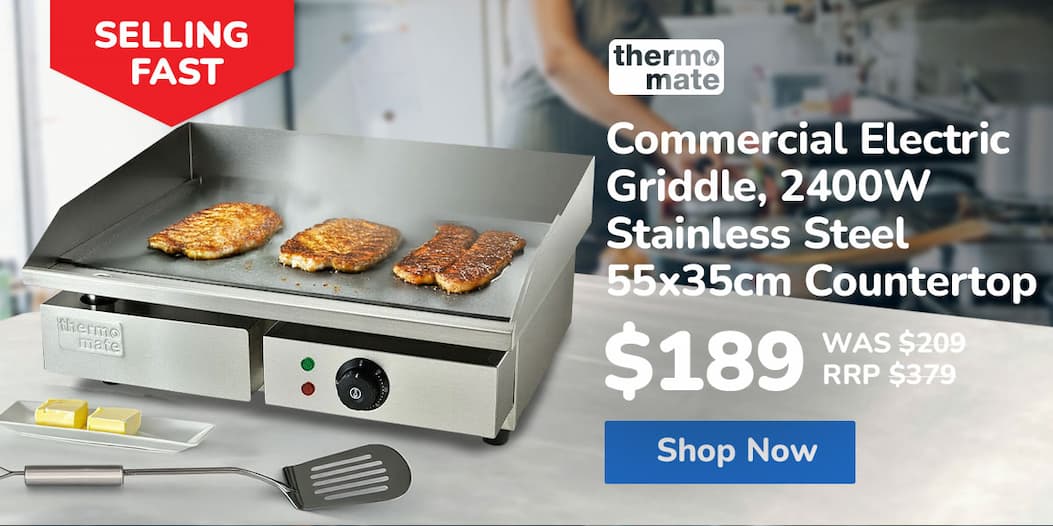 THERMOMATE Commercial Electric Griddle, 2400W Stainless Steel 55x35cm Countertop