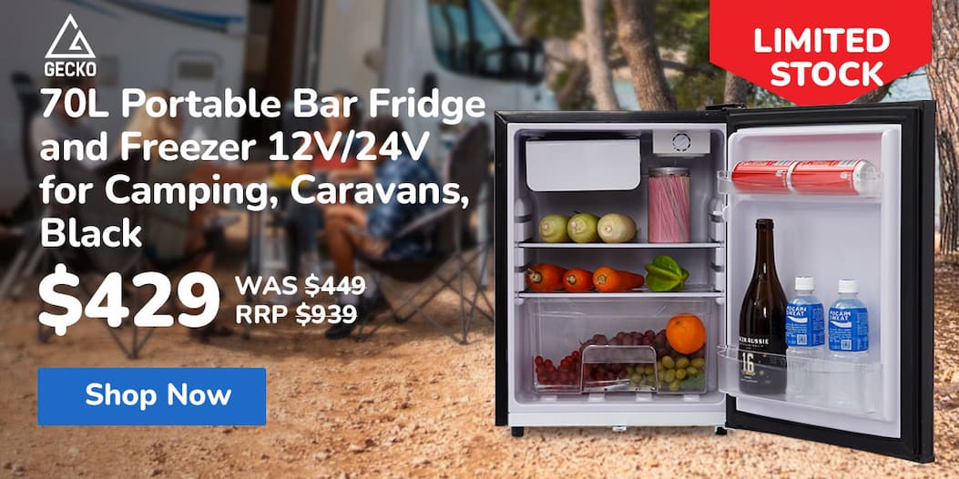 GECKO 70L Portable Bar Fridge and Freezer 12V/24V for Camping, Caravans, Black