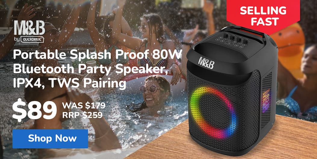 M&B Portable Splash Proof 80W Bluetooth Party Speaker, IPX4, TWS Pairing, Multi-Input, Lithium Battery, RGB, USB Charging