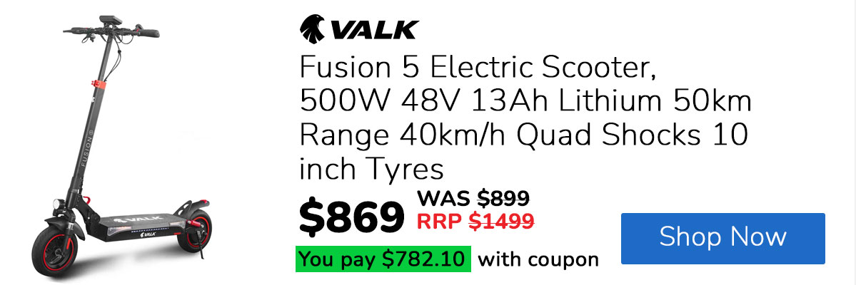VALK Fusion 5 Electric Scooter, 500W 48V 13Ah Lithium 50km Range 40km/h Quad Shocks 10 inch Tyres