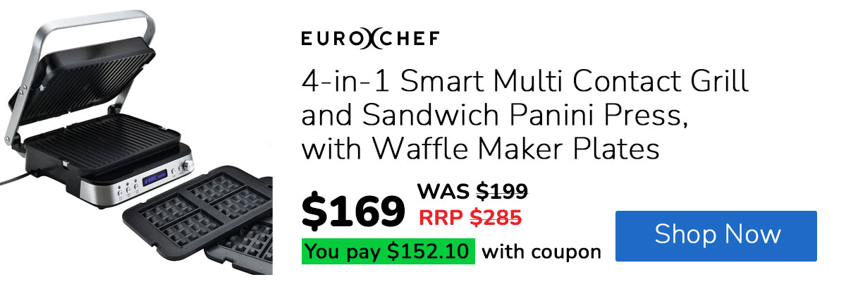 EUROCHEF 4-in-1 Smart Multi Contact Grill and Sandwich Panini Press, with Waffle Maker Plates