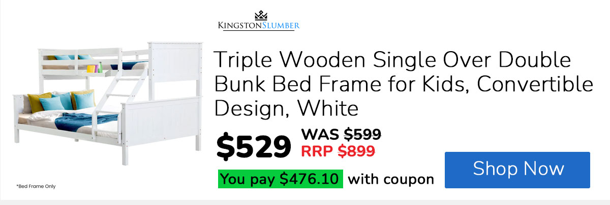 KINGSTON SLUMBER Triple Wooden Single Over Double Bunk Bed Frame for Kids, Convertible Design, White