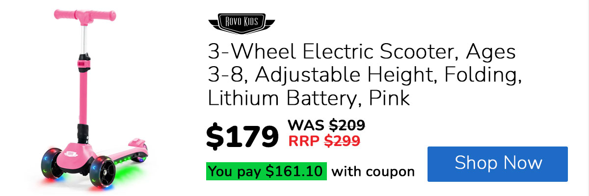 ROVO KIDS 3-Wheel Electric Scooter, Ages 3-8, Adjustable Height, Folding, Lithium Battery, Pink