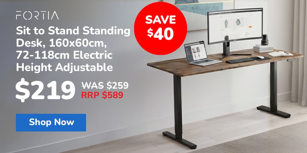 FORTIA Sit to Stand Standing Desk, 160x60cm, 72-118cm Electric Height Adjustable, Walnut Style Desktop/Black Frame